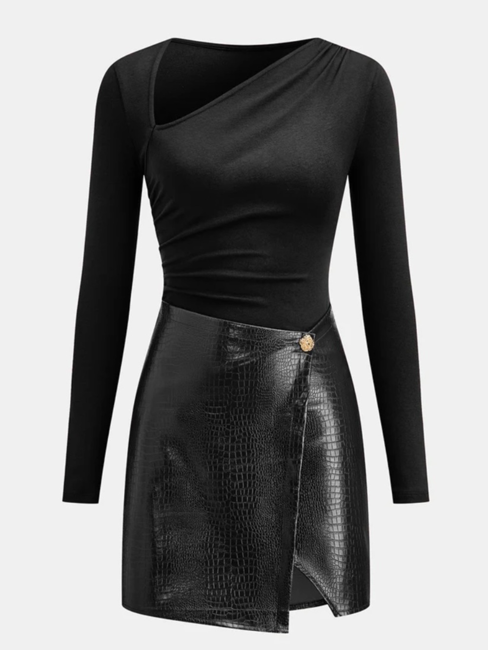NWT Commense Faux leather knit mini dress Asymmetrical Black. Size XL.